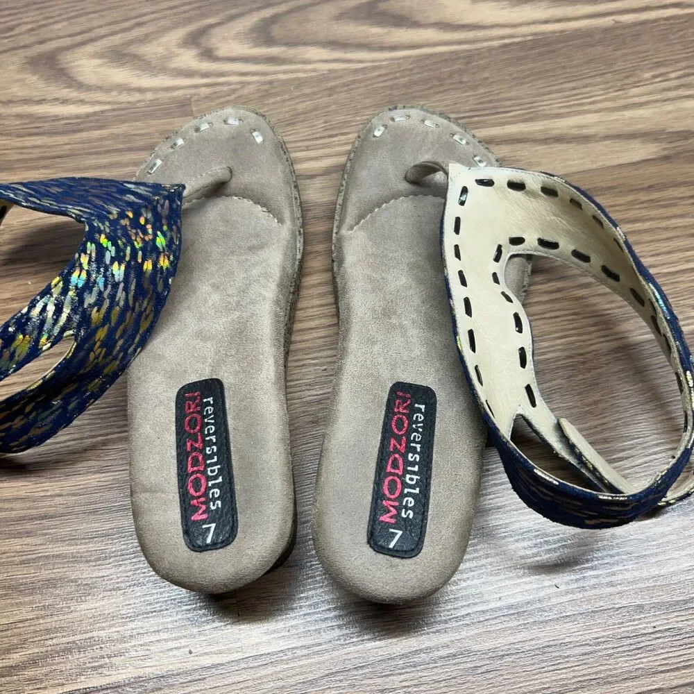 Modzori‎ Solid Beige & Blue Reversable blue Glitter Thong Wedge Sandals Womens 7